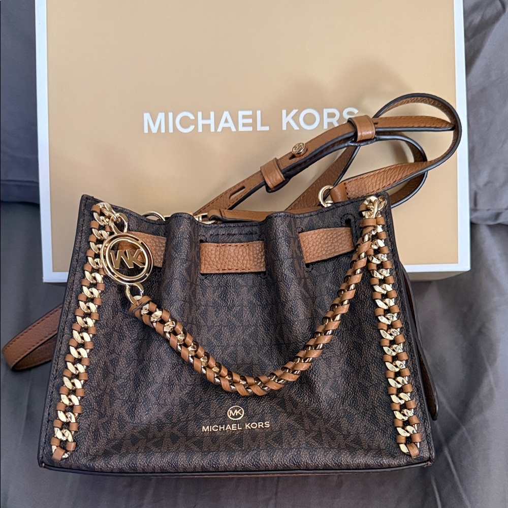 Michael Kors Brown and Tan Logo-Print Chain-Trim Shoulder Bag